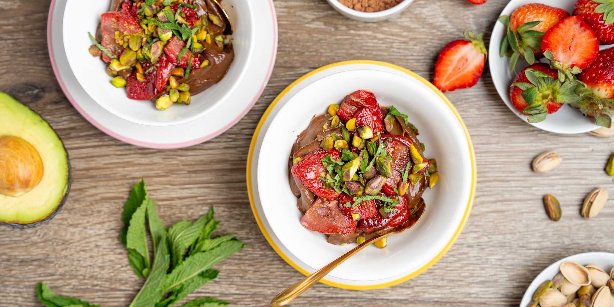 Chocolate Avocado Pudding with Roasted Strawberries & Pistachios