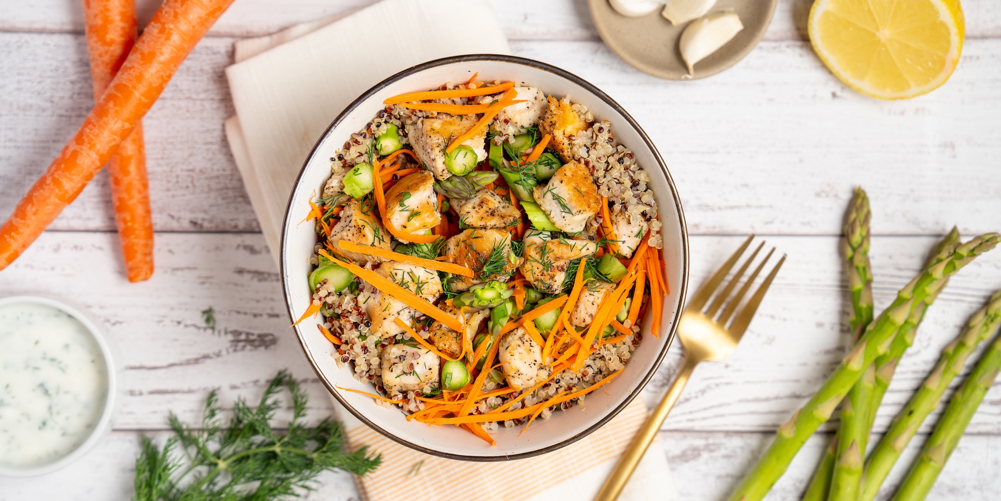 Chicken Quinoa Bowl with Asparagus & Creamy Lemon Vinaigrette