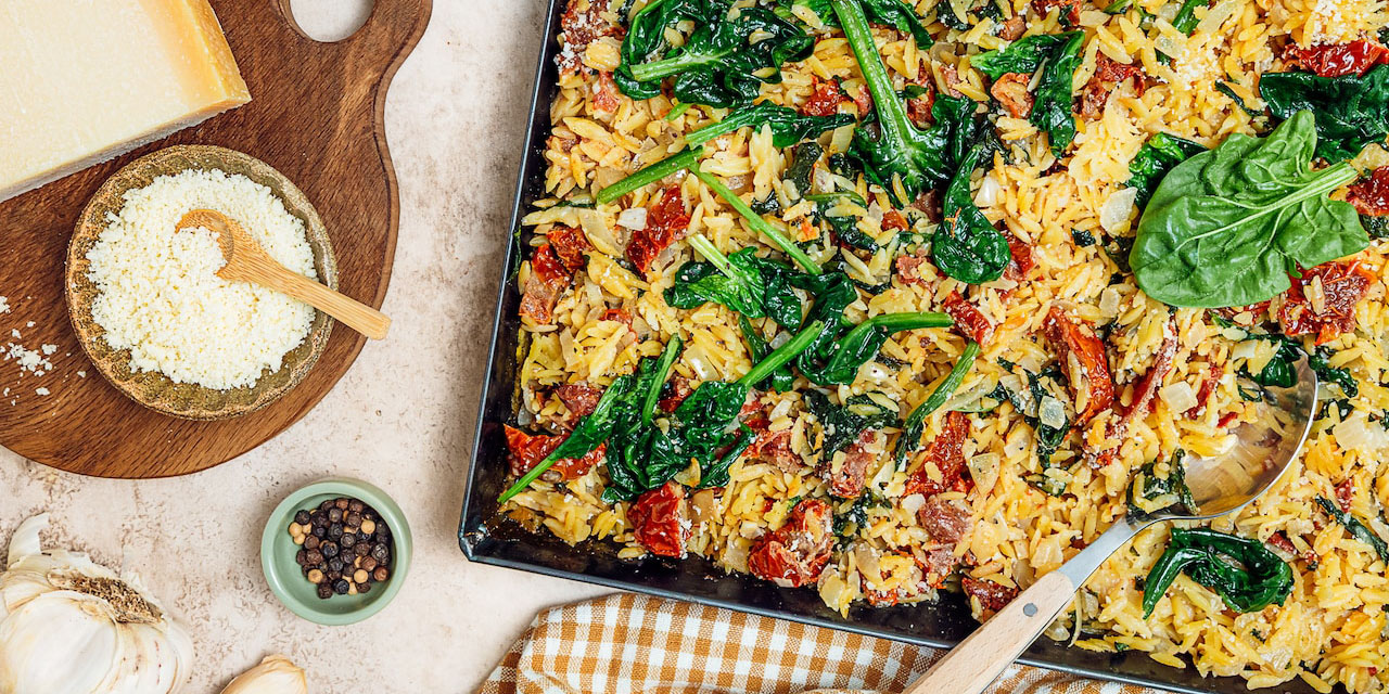 Pâtes orzo épinards tomates séchées parmesan façon risotto Yuka