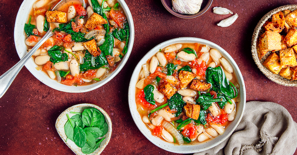 White Bean & Spinach Soup with Paprika Croutons