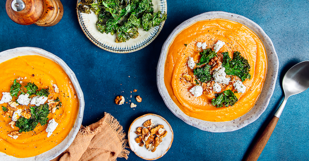 Sweet Potato Soup with Goat Cheese & Kale Chips
