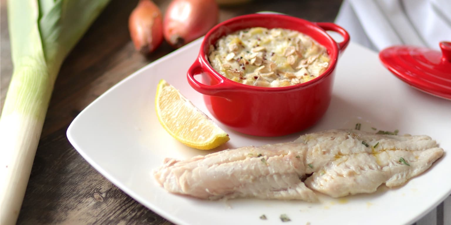 Filet de lieu sauce moutarde, fondue de poireaux au quinoa Yuka