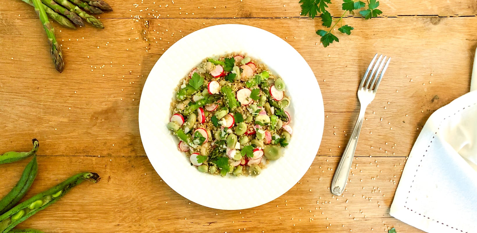 Salade de quinoa, fèves, asperges et radis - Yuka